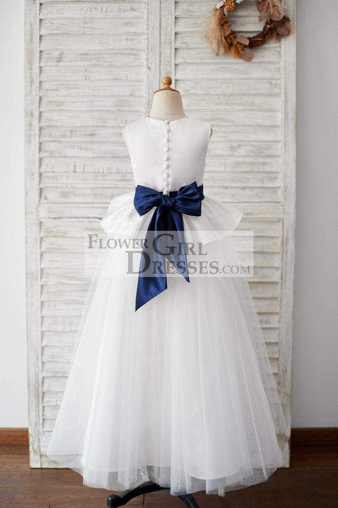 Navy Blue Flower Girl Dress With Blue Sash Princess Ivory Satin Tulle Wedding Flower Girl Dress, Navy Blue Navy Blue Flower Girl Dress With Blue Sash Princess Ivory Satin Tulle Wedding Flower Girl Dress, Navy Blue