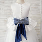Ivory Satin Tulle Wedding Flower Girl Dress with Navy Blue Belt