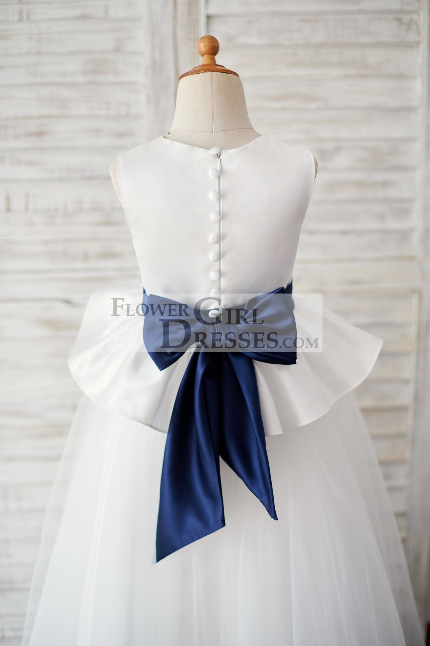 Ivory Satin Tulle Wedding Flower Girl Dress with Navy Blue Belt
