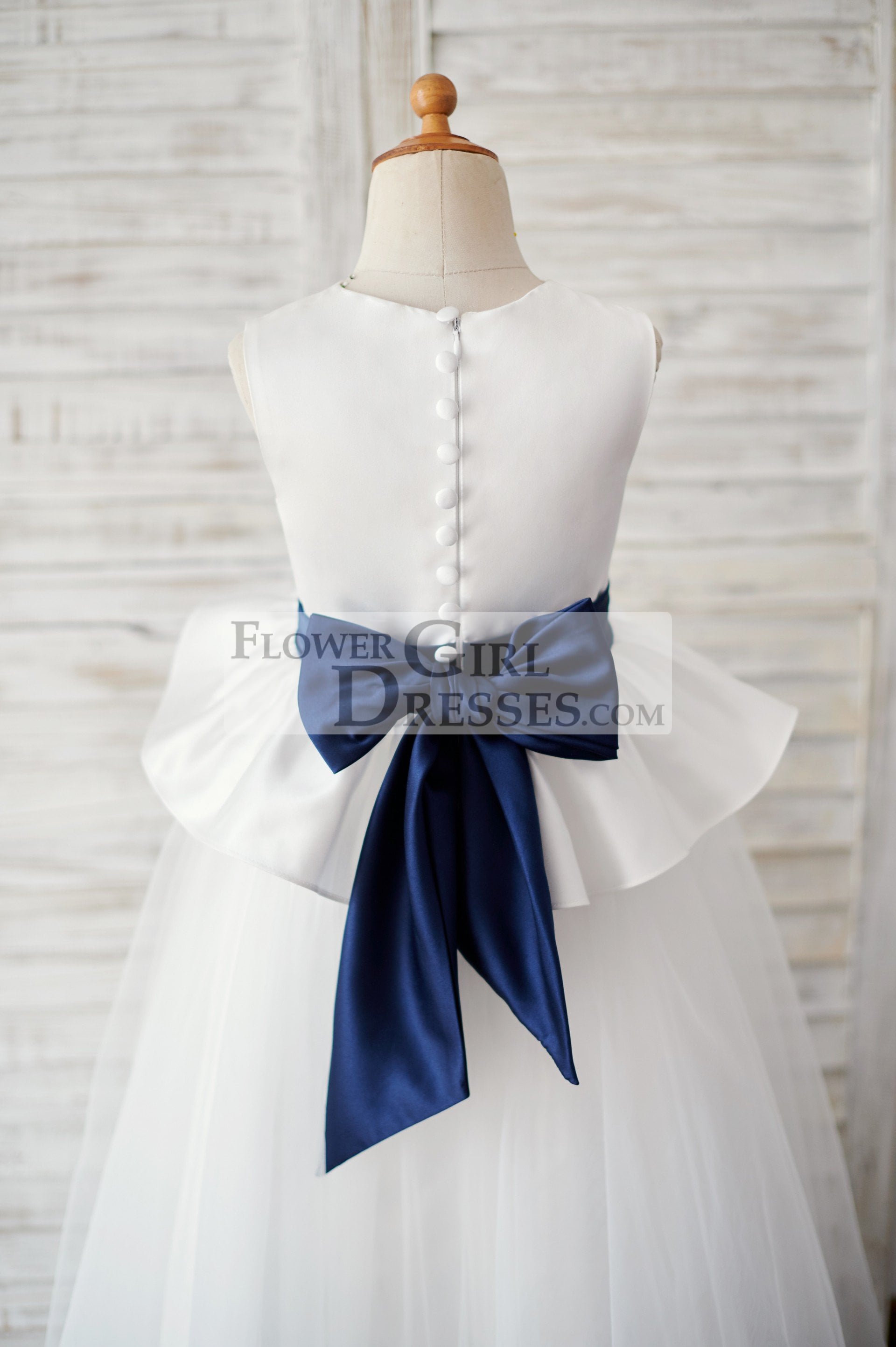 Ivory Satin Tulle Wedding Flower Girl Dress with Navy Blue Belt
