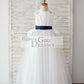 Ivory Satin Tulle Wedding Flower Girl Dress with Navy Blue Belt