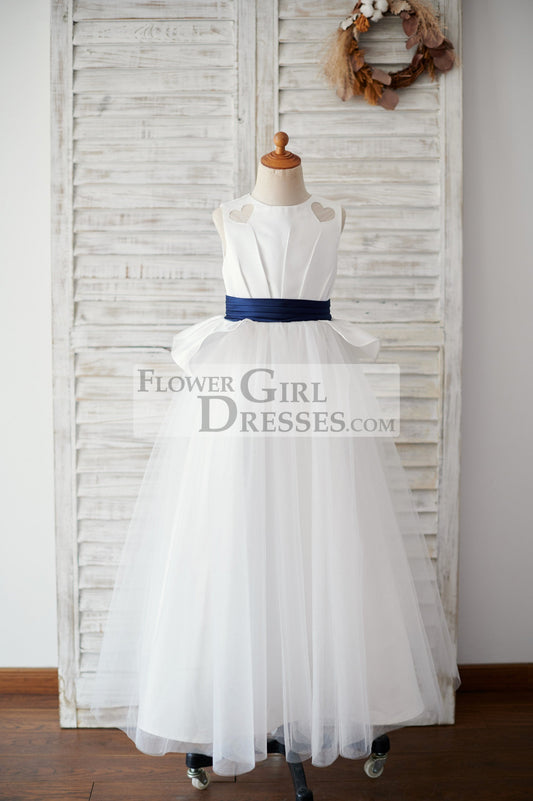 Ivory Satin Tulle Wedding Flower Girl Dress with Navy Blue Belt
