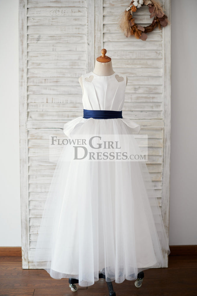 Princess Ivory Satin Tulle Wedding Flower Girl Dress, Navy Blue Belt 5T Princess Ivory Satin Tulle Wedding Flower Girl Dress, Navy Blue Belt 5T