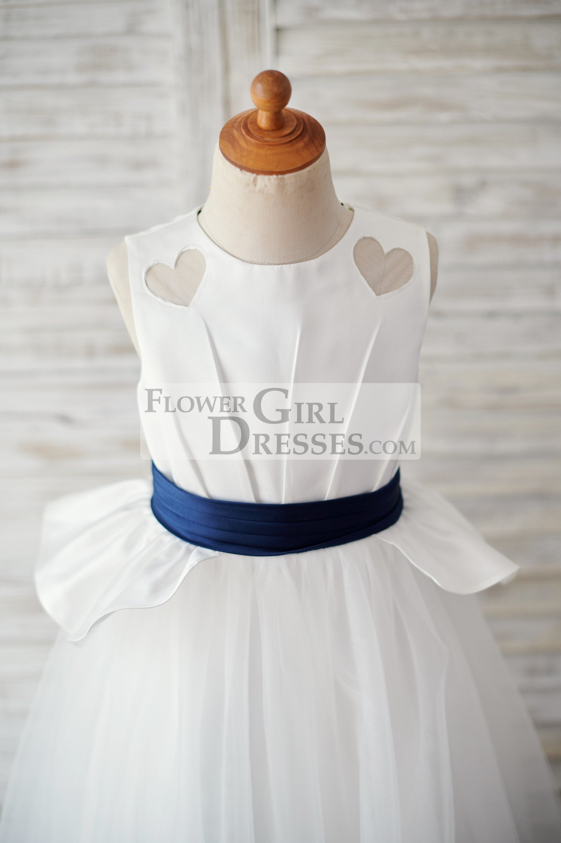 Ivory Satin Tulle Wedding Flower Girl Dress with Navy Blue Belt