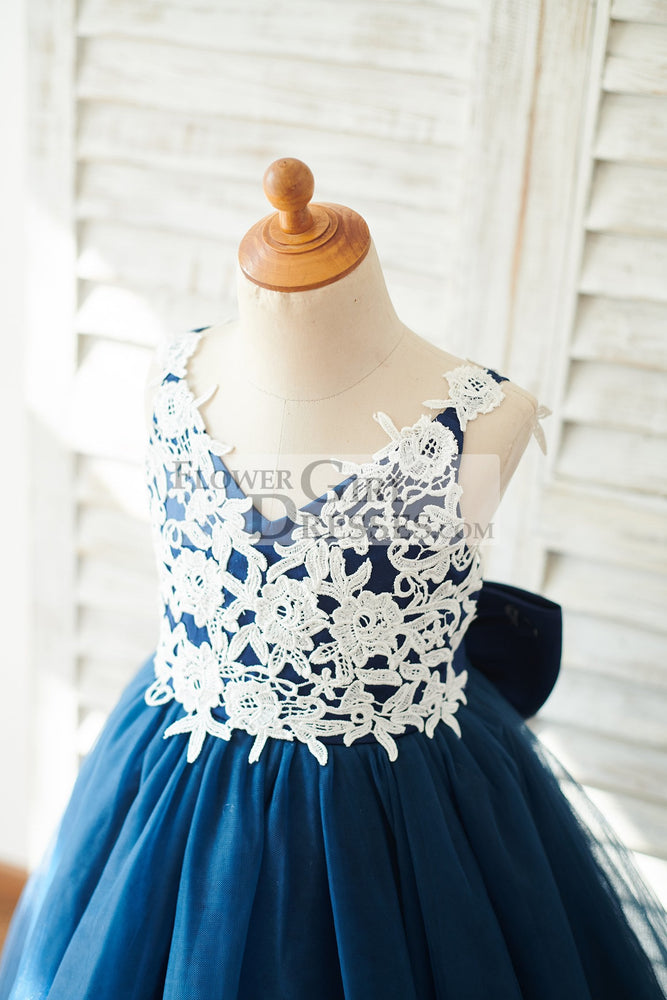blue and white flower girl dresses A-line White Flower Girl Dress with Navy Blue Ribbon jkprom