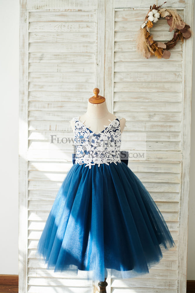 Pink/Navy Blue Lace Tulle Spaghetti Straps Flower Girl Dress, Bow - Flower Girl Dresses Pink/Navy Blue Lace Tulle Spaghetti Straps Flower Girl Dress, Bow - Flower Girl Dresses