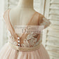 Lace Tulle V Back Cap Sleeves Floor Length Wedding Flower Girl Dress