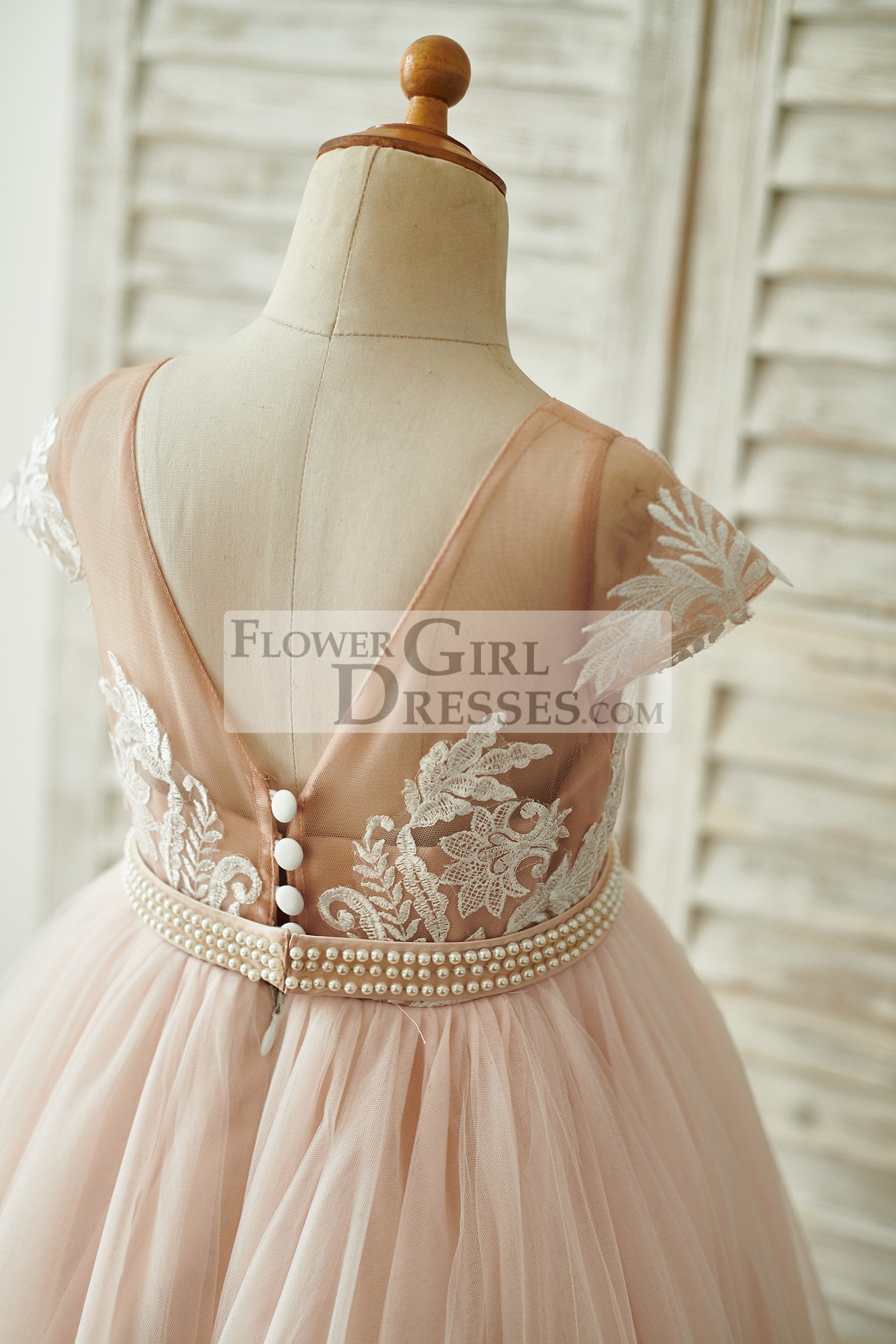 Lace Tulle V Back Cap Sleeves Floor Length Wedding Flower Girl Dress