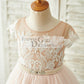 Lace Tulle V Back Cap Sleeves Floor Length Wedding Flower Girl Dress