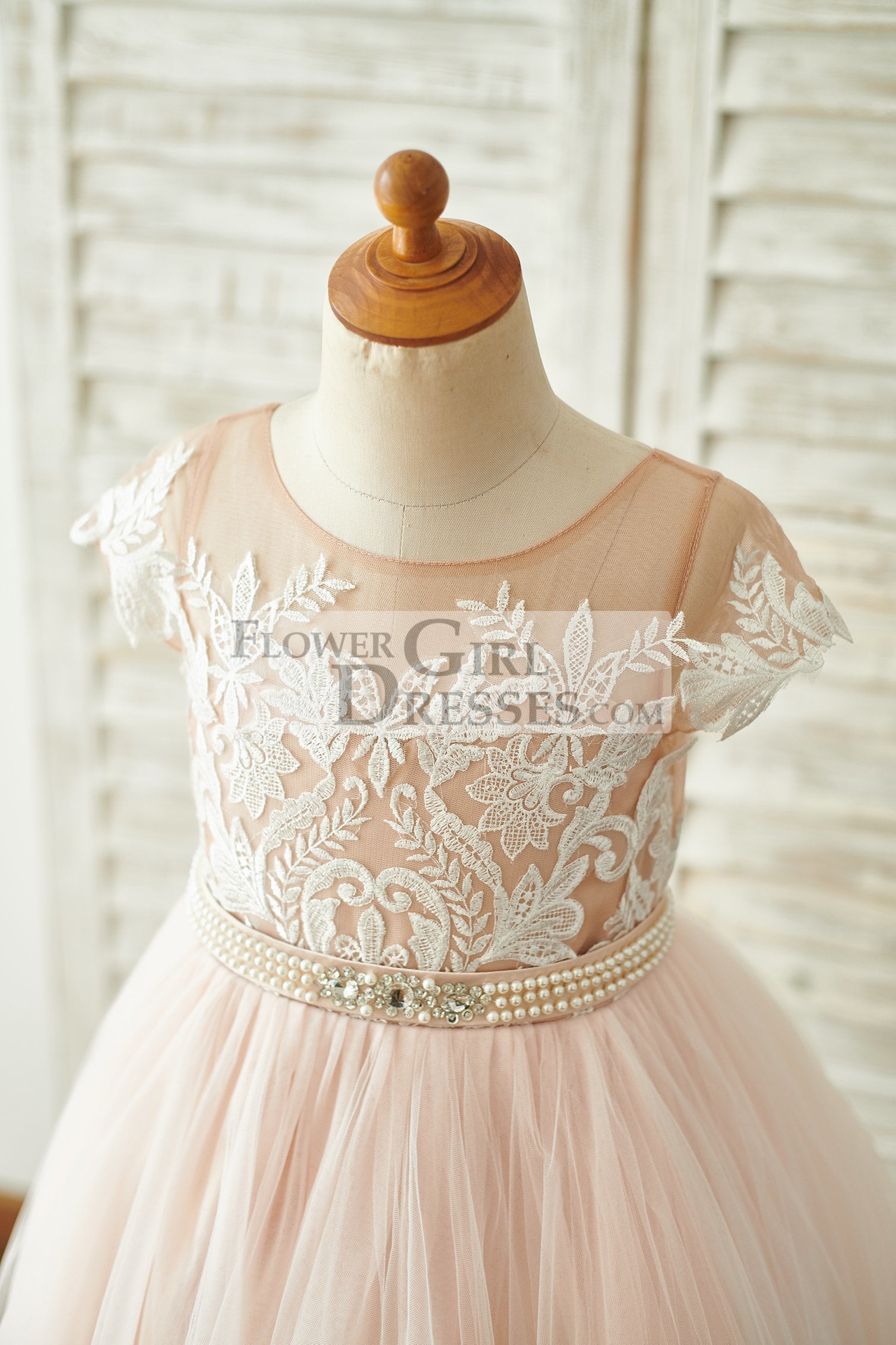 Lace Tulle V Back Cap Sleeves Floor Length Wedding Flower Girl Dress