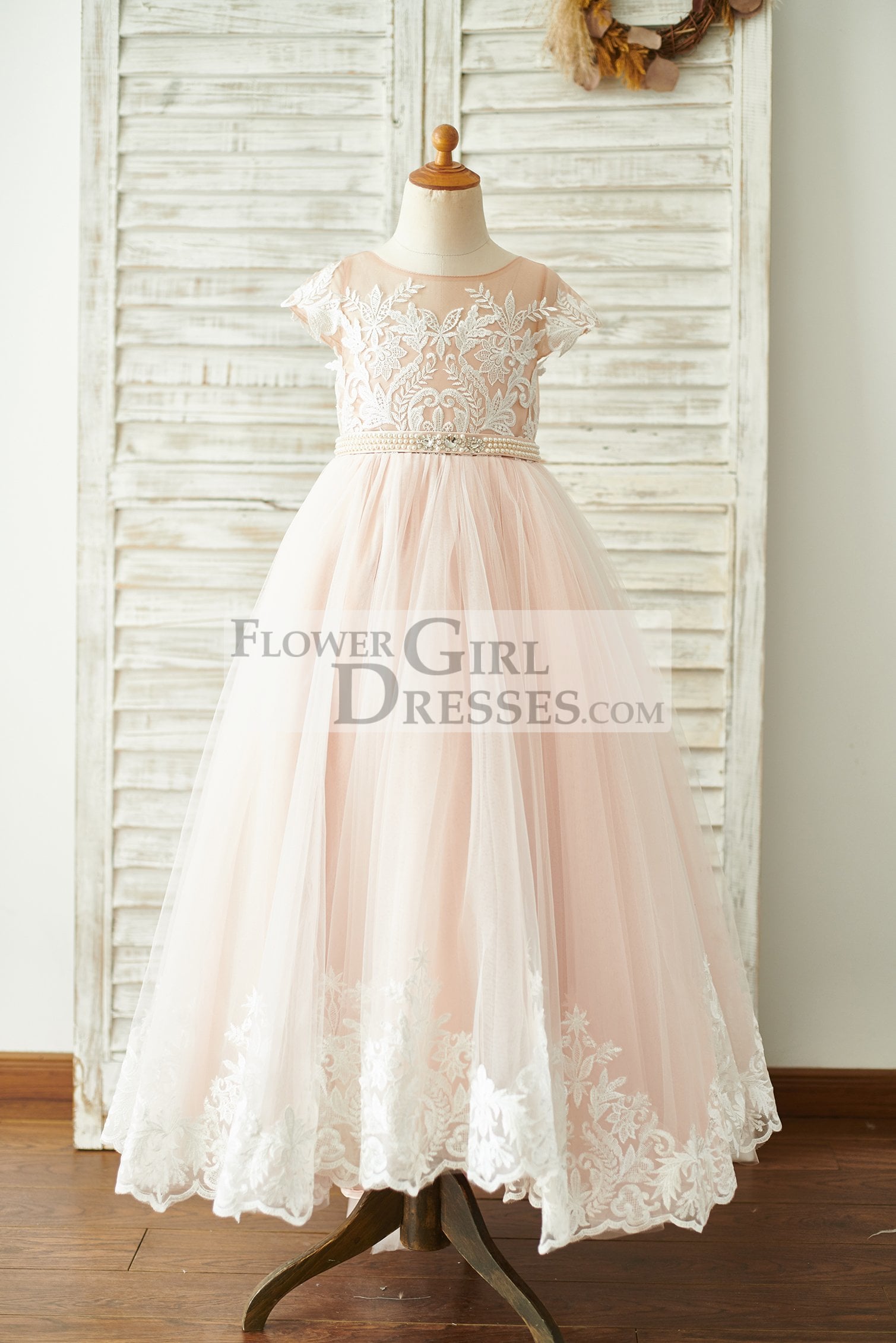 Lace Tulle V Back Cap Sleeves Floor Length Wedding Flower Girl Dress