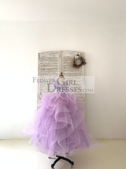 Lavender Lace Tulle Wedding Flower Girl Dress Kids Party Dress Ball Gown with Feathers/Horsehair