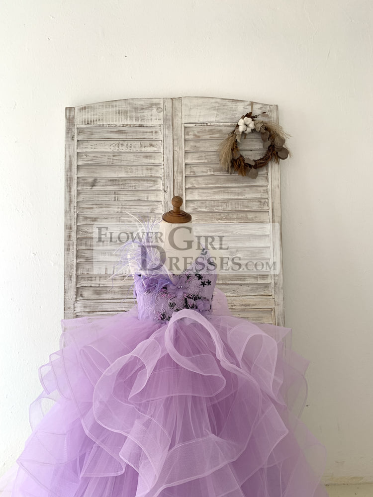 Lavender Lace Tulle Wedding Flower Girl Dress, Feathers/Horsehair 10T Lavender Lace Tulle Wedding Flower Girl Dress, Feathers/Horsehair 10T