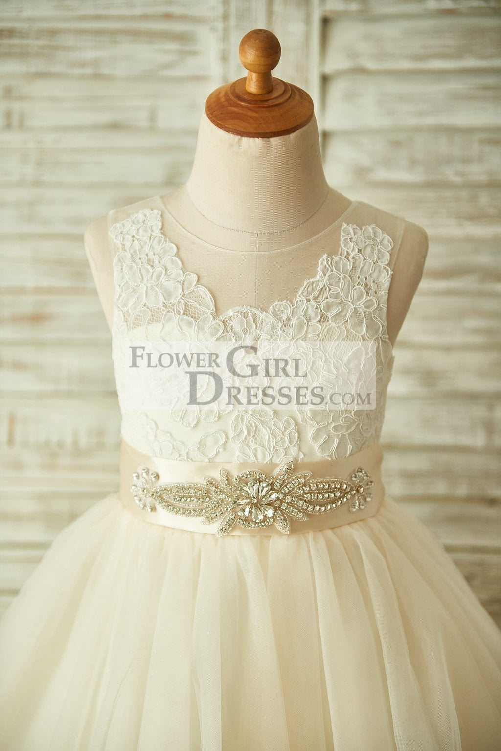 Light Champagne Lace Tulle Sheer Back Wedding Flower Girl Dress with Beaded Belt