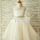 Light Champagne Lace Tulle Sheer Back Wedding Flower Girl Dress with Beaded Belt