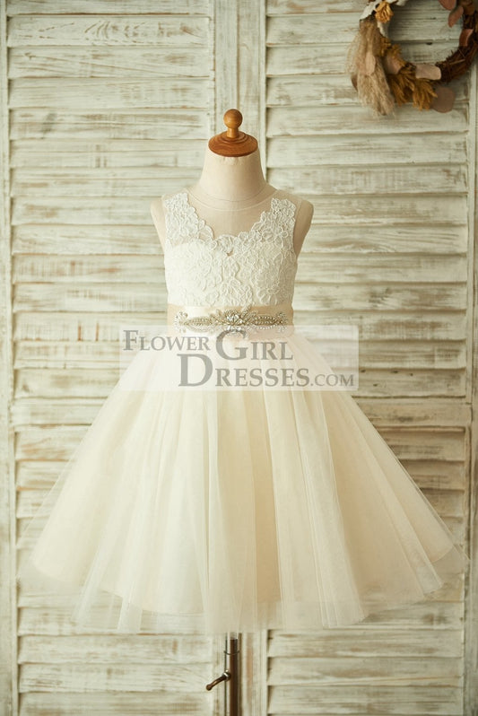 Light Champagne Lace Tulle Sheer Back Wedding Flower Girl Dress with Beaded Belt