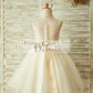 Light Champagne Lace Tulle Sheer Back Wedding Flower Girl Dress with Beaded Belt