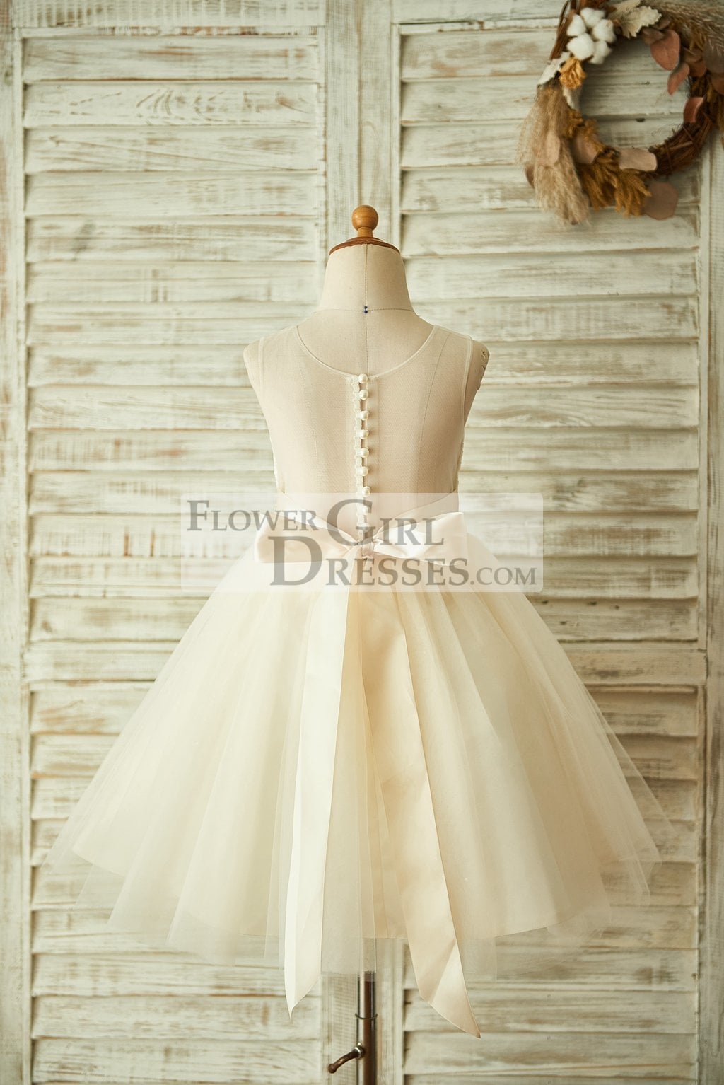 Light Champagne Lace Tulle Sheer Back Wedding Flower Girl Dress with Beaded Belt