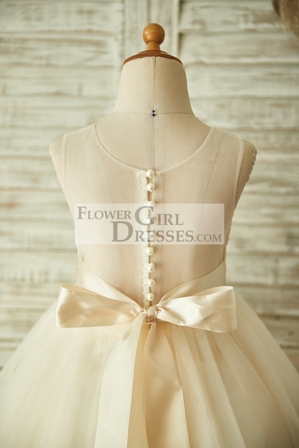 Light Champagne Lace Tulle Sheer Back Wedding Flower Girl Dress with Beaded Belt