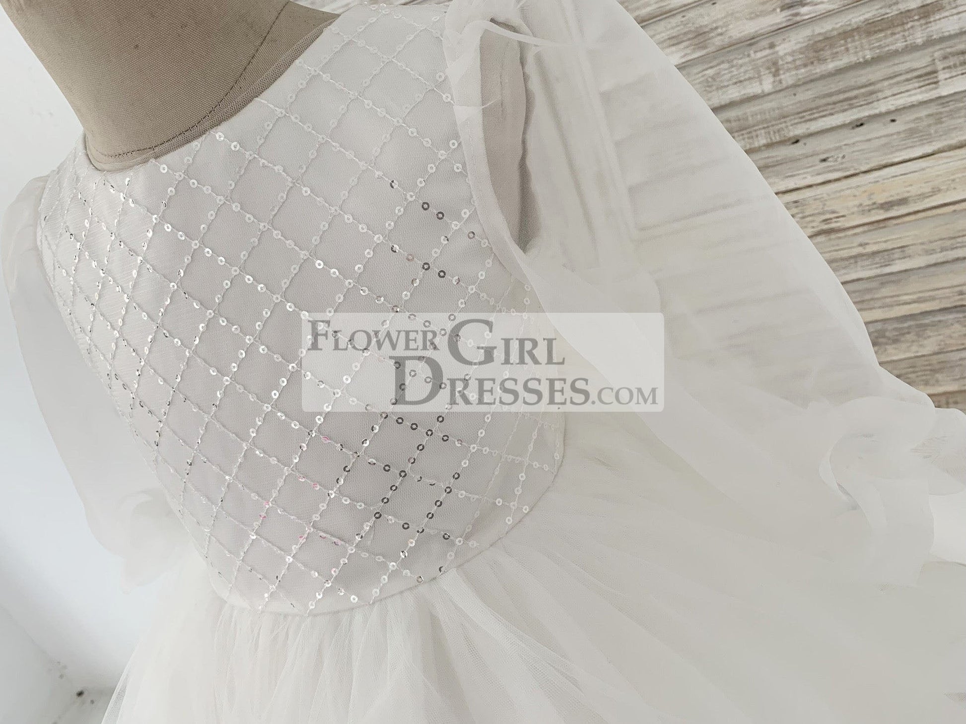 Long Organza Sleeves Sequin Tulle V Back Wedding Flower Girl Dress