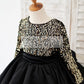 Long Sleeves Gold Sequin Black Satin V Back Wedding Flower Girl Dress Kids Party Dress