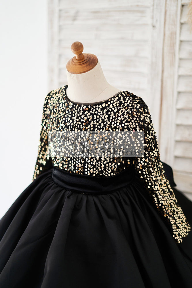 Long Sleeves Gold Sequin Black Satin V Back Flower Girl Dress 9T Long Sleeves Gold Sequin Black Satin V Back Flower Girl Dress 9T