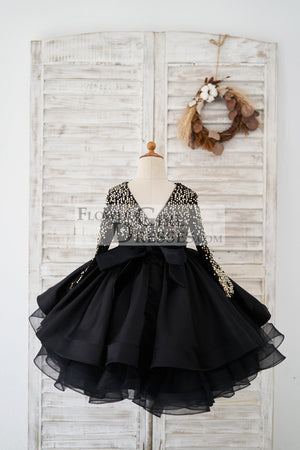 Long Sleeves Gold Sequin Black Satin V Back Flower Girl Dress 9T Long Sleeves Gold Sequin Black Satin V Back Flower Girl Dress 9T