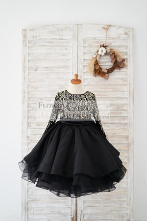 Long Sleeves Gold Sequin Black Satin V Back Flower Girl Dress 9T