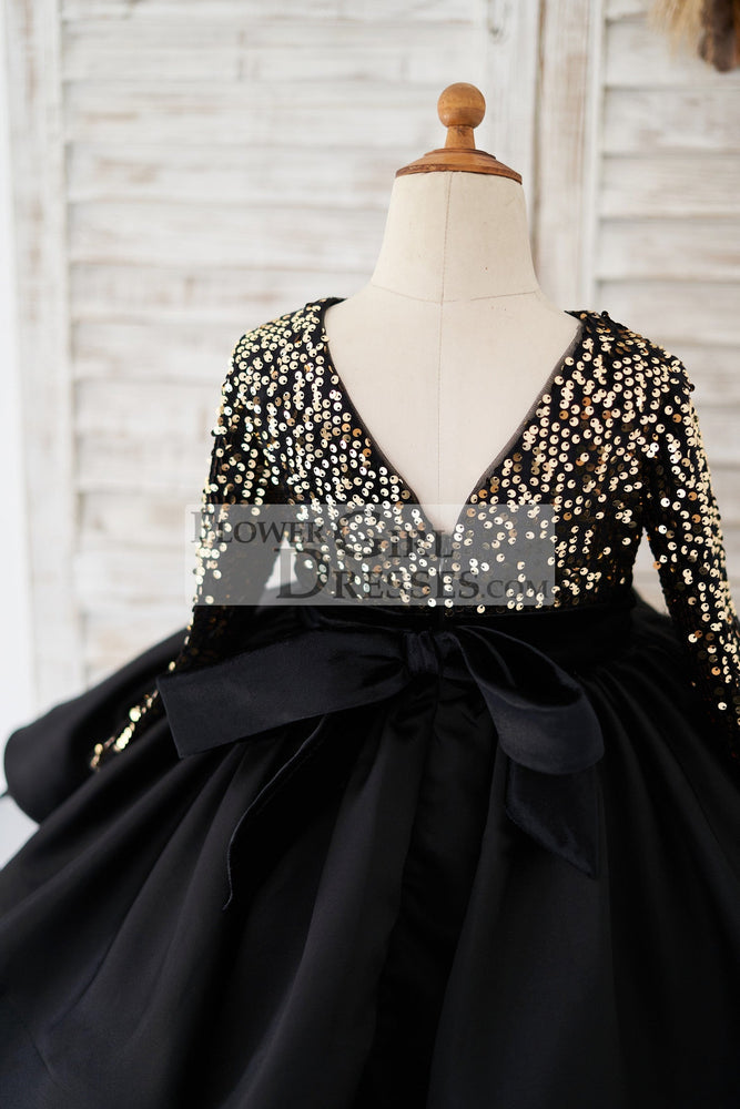 Long Sleeves Gold Sequin Black Satin V Back Flower Girl Dress - Flower Girl Dresses Long Sleeves Gold Sequin Black Satin V Back Flower Girl Dress - Flower Girl Dresses