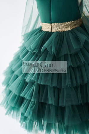 Long Sleeves Green Tulle Cupcake Wedding Party Flower Girl Dress 5T Long Sleeves Green Tulle Cupcake Wedding Party Flower Girl Dress 5T
