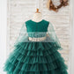 Long Sleeves Green Tulle Cupcake Wedding Flower Girl Dress Kids Party Dress