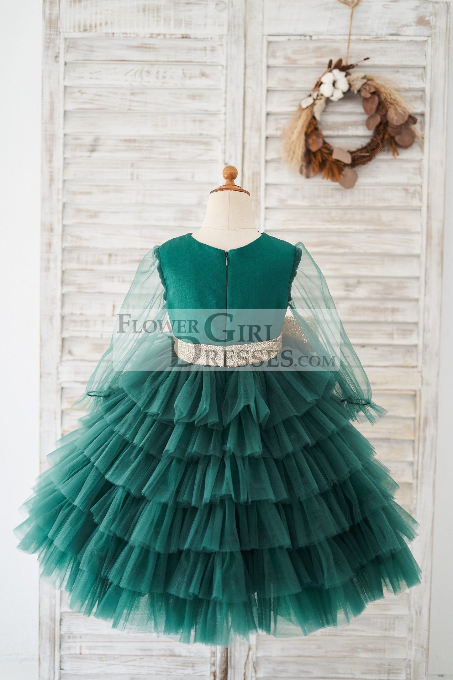 Long Sleeves Green Tulle Cupcake Wedding Flower Girl Dress Kids Party Dress