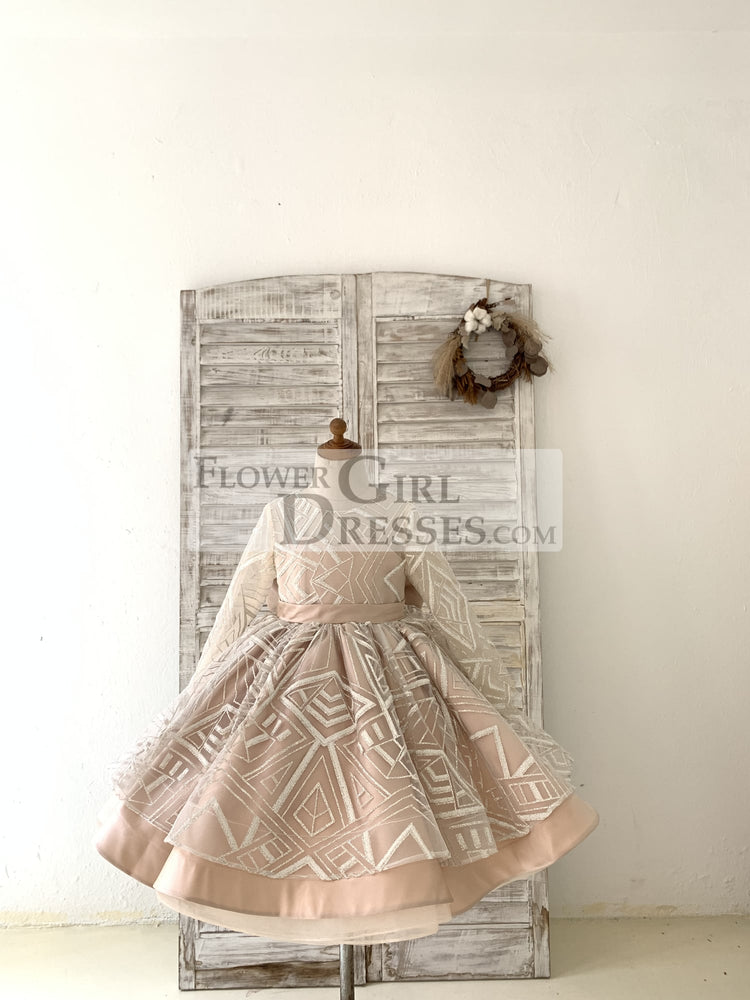Long Sleeves V Back Glittering Lace Champagne Satin Flower Girl Dress 4T Long Sleeves V Back Glittering Lace Champagne Satin Flower Girl Dress 4T