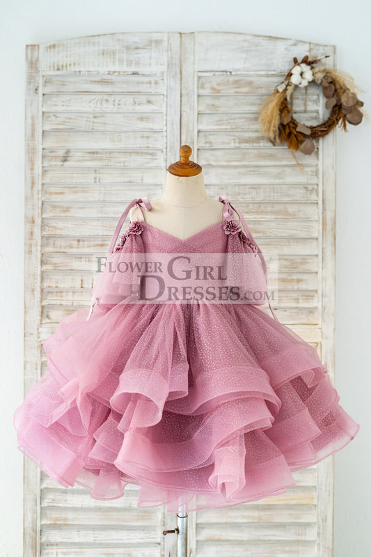 Mauve Glittering Tulle Spaghetti Straps V Back Wedding Flower Girl Dress Kids Party Dress