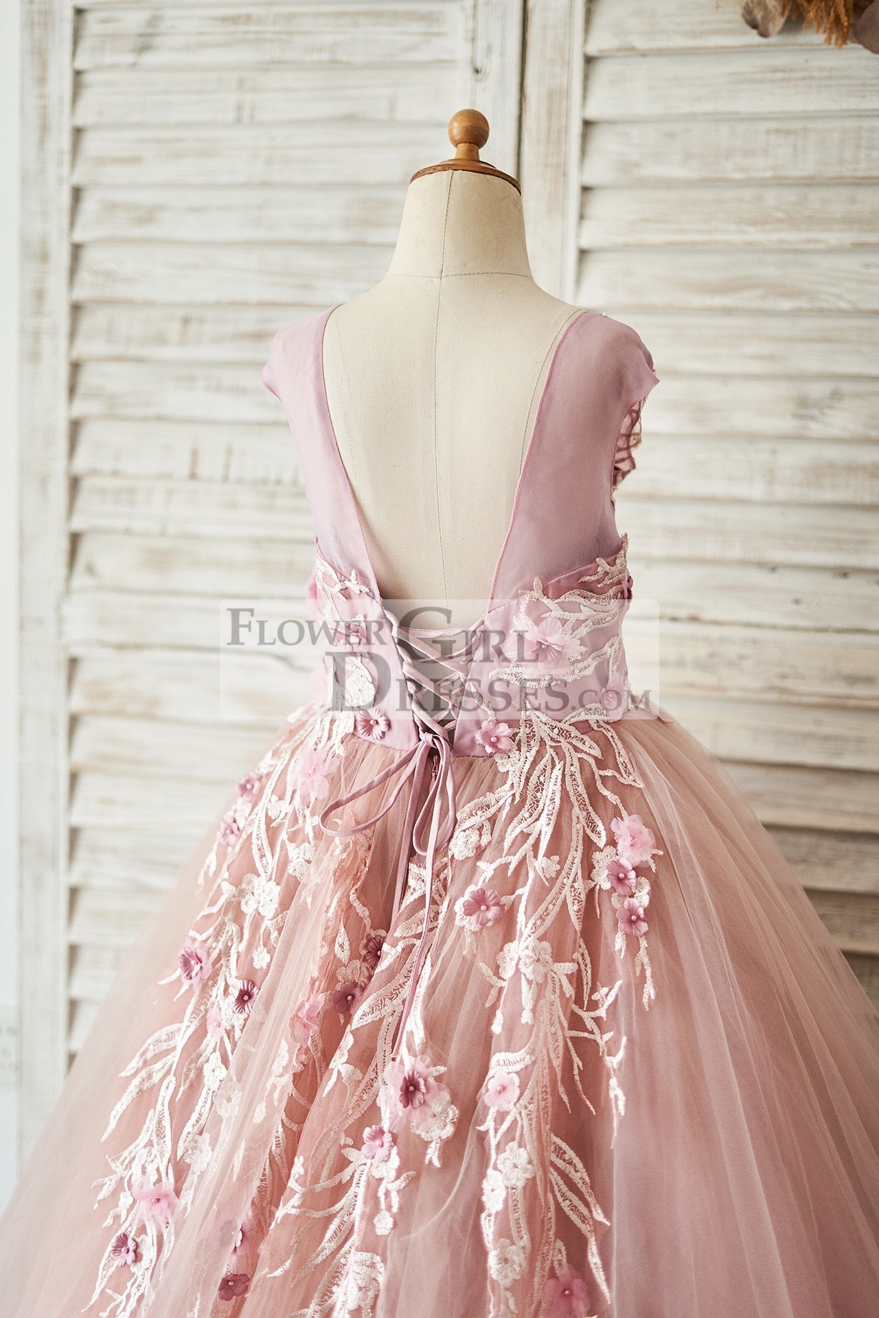Mauve Lace Tulle 3D Flowers V Back Wedding Flower Girl Dress
