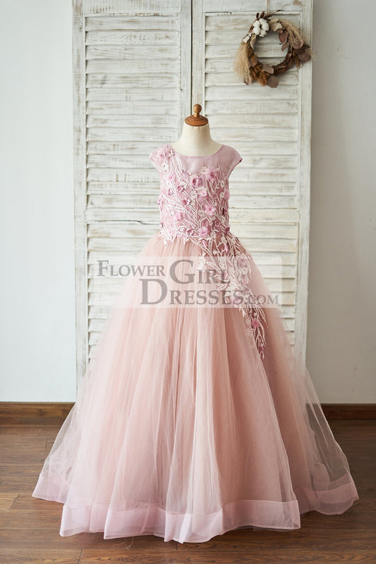 Mauve Lace Tulle 3D Flowers V Back Wedding Flower Girl Dress