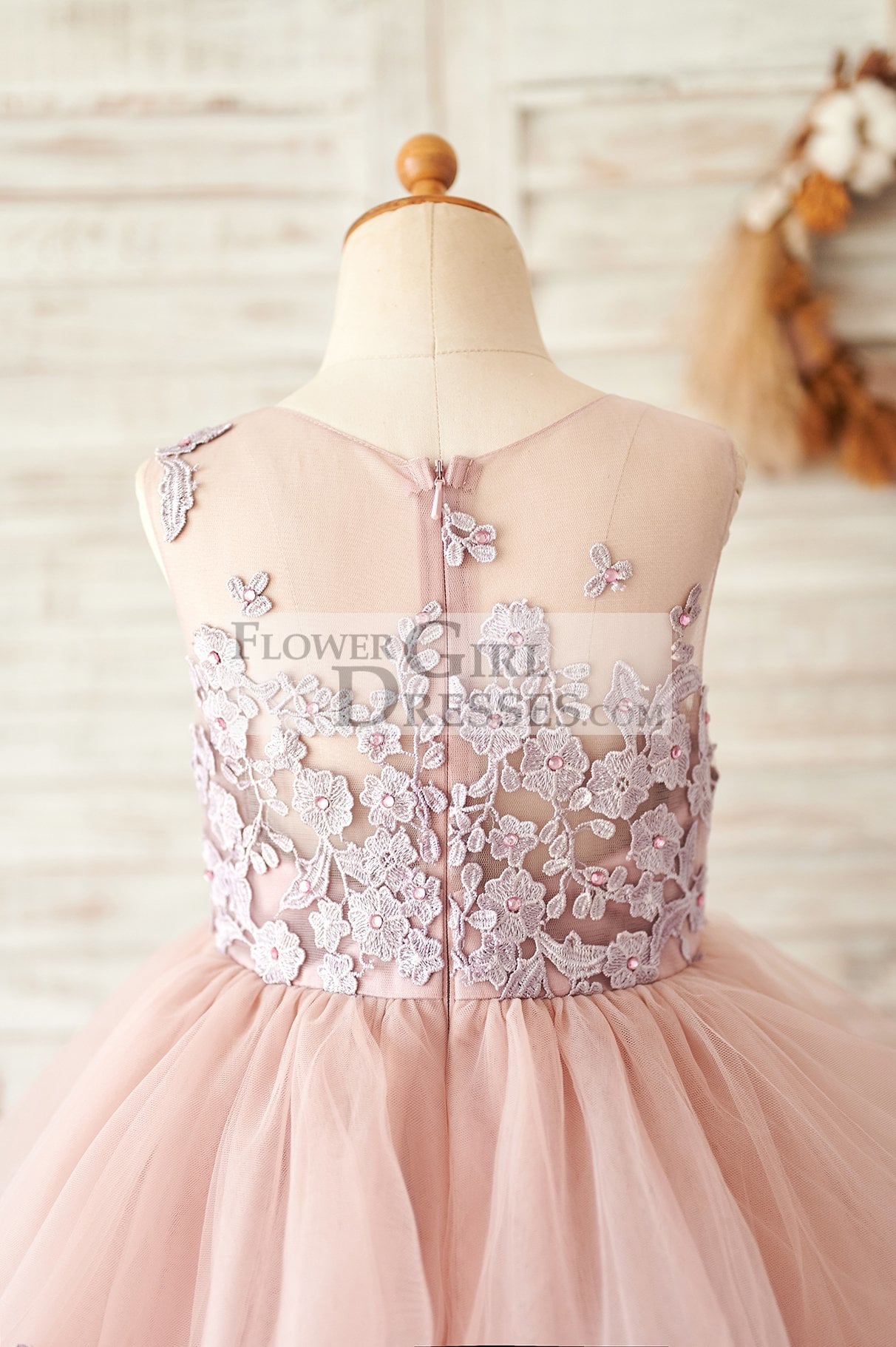 Mauve Lace Tulle Floor Length Wedding Flower Girl Dress