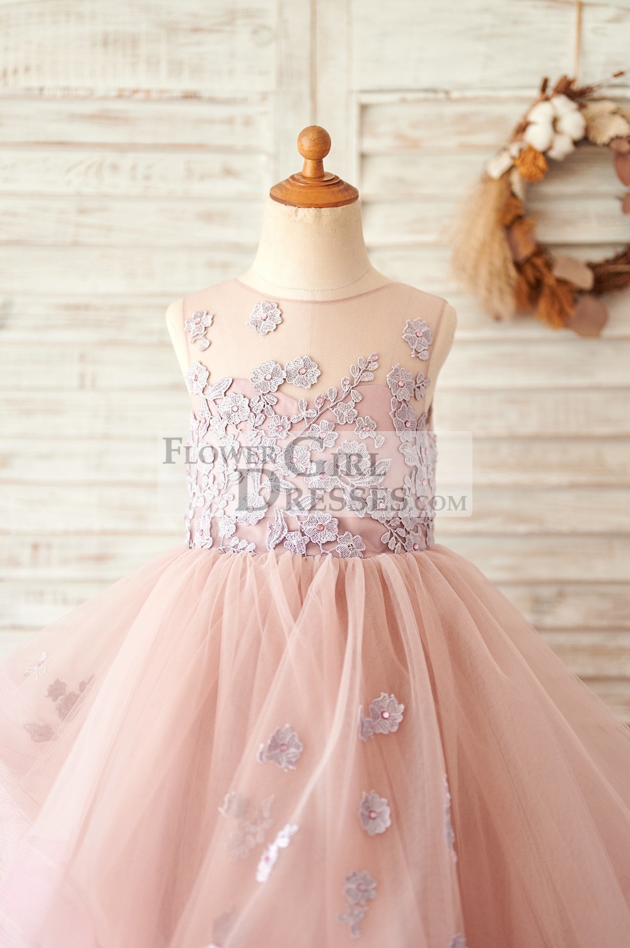 Mauve Lace Tulle Floor Length Wedding Flower Girl Dress