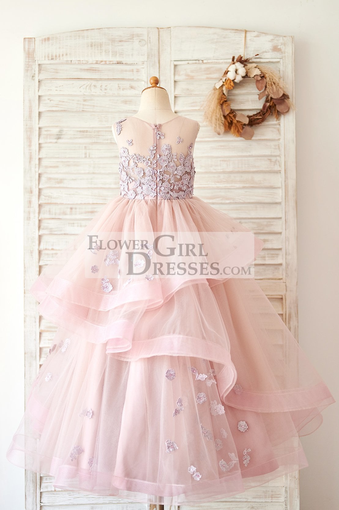 Mauve Lace Tulle Floor Length Wedding Flower Girl Dress