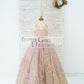 Mauve Tulle Gold Lace Sheer Back Wedding Flower Girl Dress Kids Party Dress