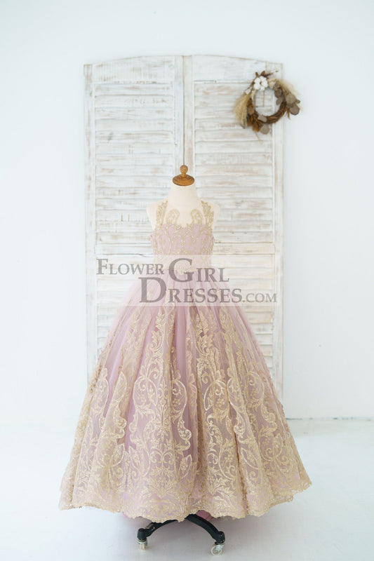 Mauve Tulle Gold Lace Sheer Back Wedding Flower Girl Dress Kids Party Dress