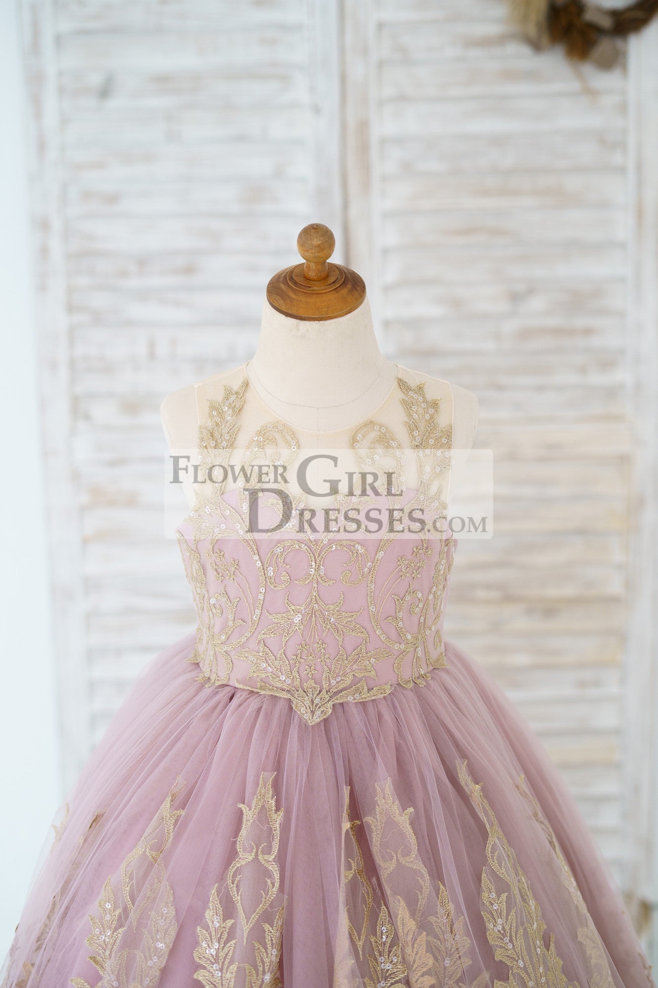 Mauve Tulle Gold Lace Sheer Back Wedding Flower Girl Dress Kids Party Dress