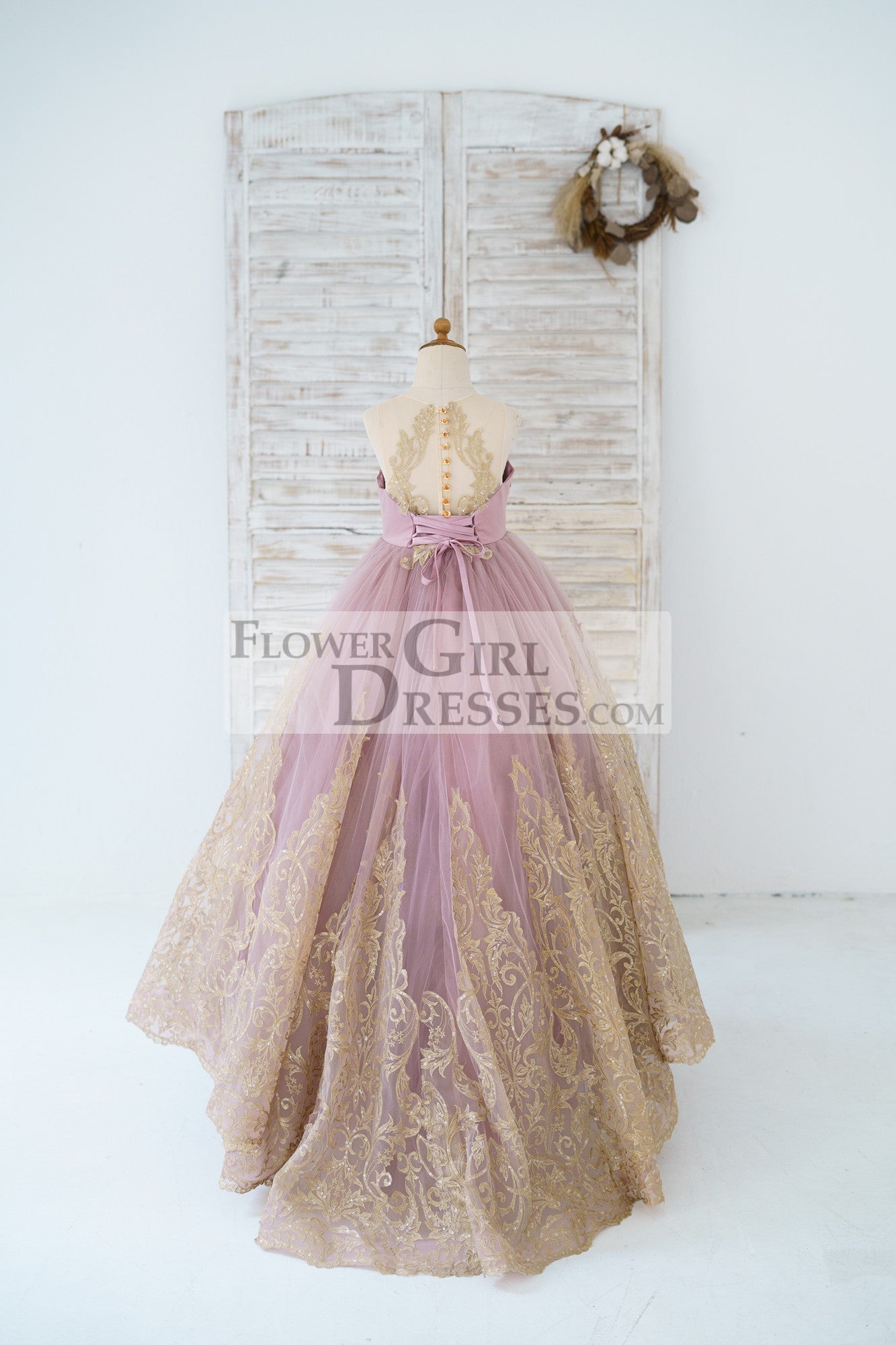 Mauve Tulle Gold Lace Sheer Back Wedding Flower Girl Dress Kids Party Dress