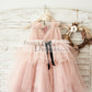 Mauve Tulle V Neck Wedding Flower Girl Dress with Beading