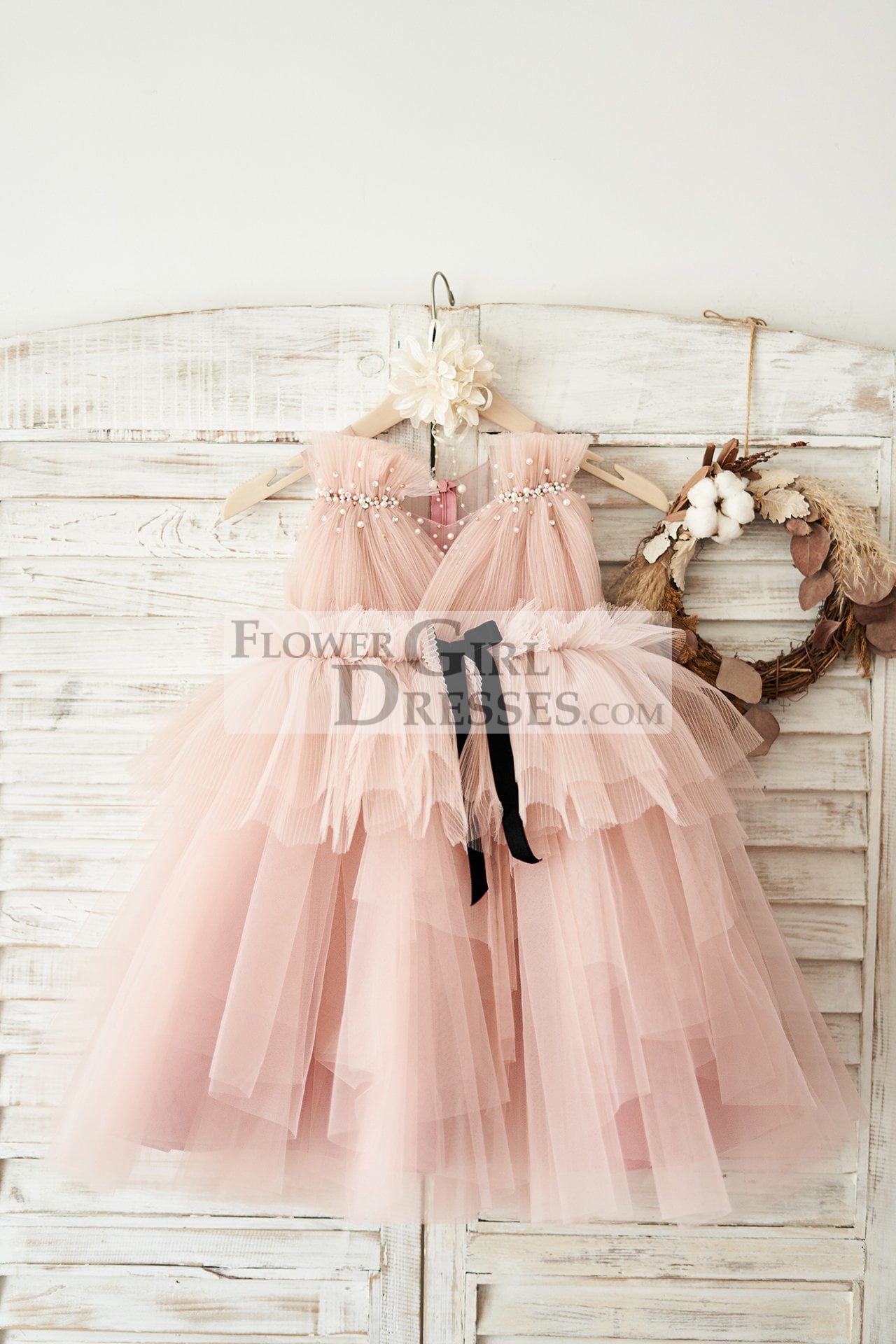 Mauve Tulle V Neck Wedding Flower Girl Dress with Beading