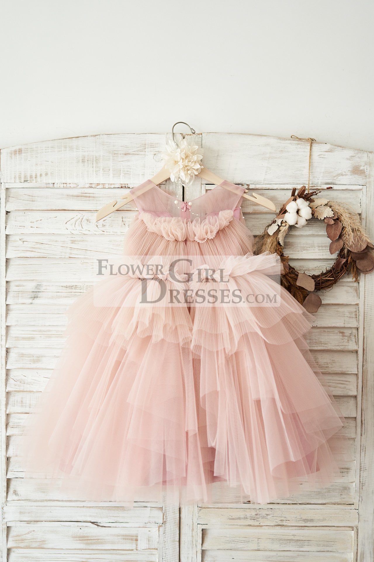 Mauve Tulle V Neck Wedding Flower Girl Dress with Beading