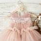 Mauve Tulle V Neck Wedding Flower Girl Dress with Beading