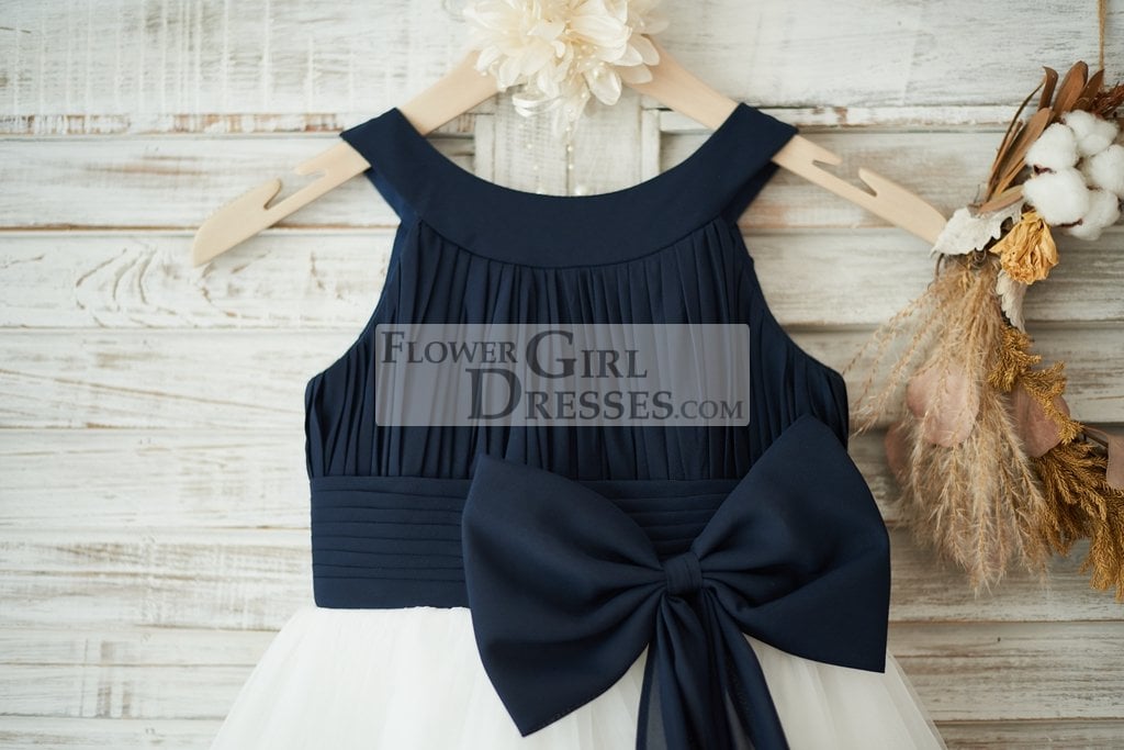 Navy Blue Chiffon Ivory Tulle Halter Neck Wedding Flower Girl Dress with Bow