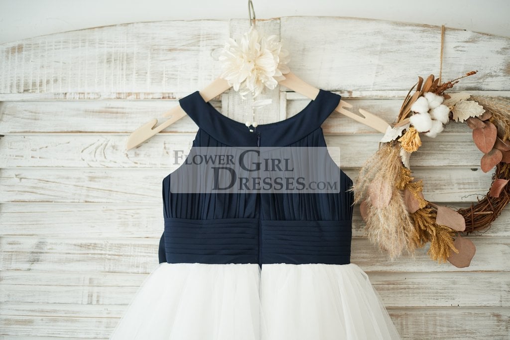 Navy Blue Chiffon Ivory Tulle Halter Neck Wedding Flower Girl Dress with Bow