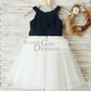 Navy Blue Chiffon Ivory Tulle Halter Neck Wedding Flower Girl Dress with Bow